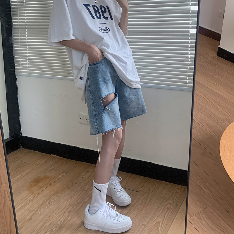 破洞牛仔短裤女夏薄款高腰宽松显瘦百搭小个子直筒阔腿五分中裤潮