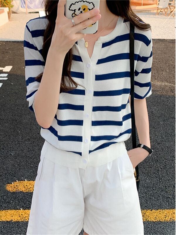 Ice Silk Cotton Striped Sweater Short Cardigan Top Summer Chic Design Sense Niche Thin Short-sleeved T-shirt for Women