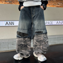 男童春秋款牛仔裤2025新款大童秋季休闲男孩秋装儿童迷彩拼接裤子