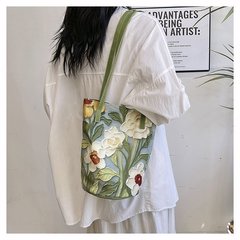 オックスフォード布立体バケットバッグ夏の旅行ハンドバッグ工場油絵花多用途大容量ハイエンドショルダー