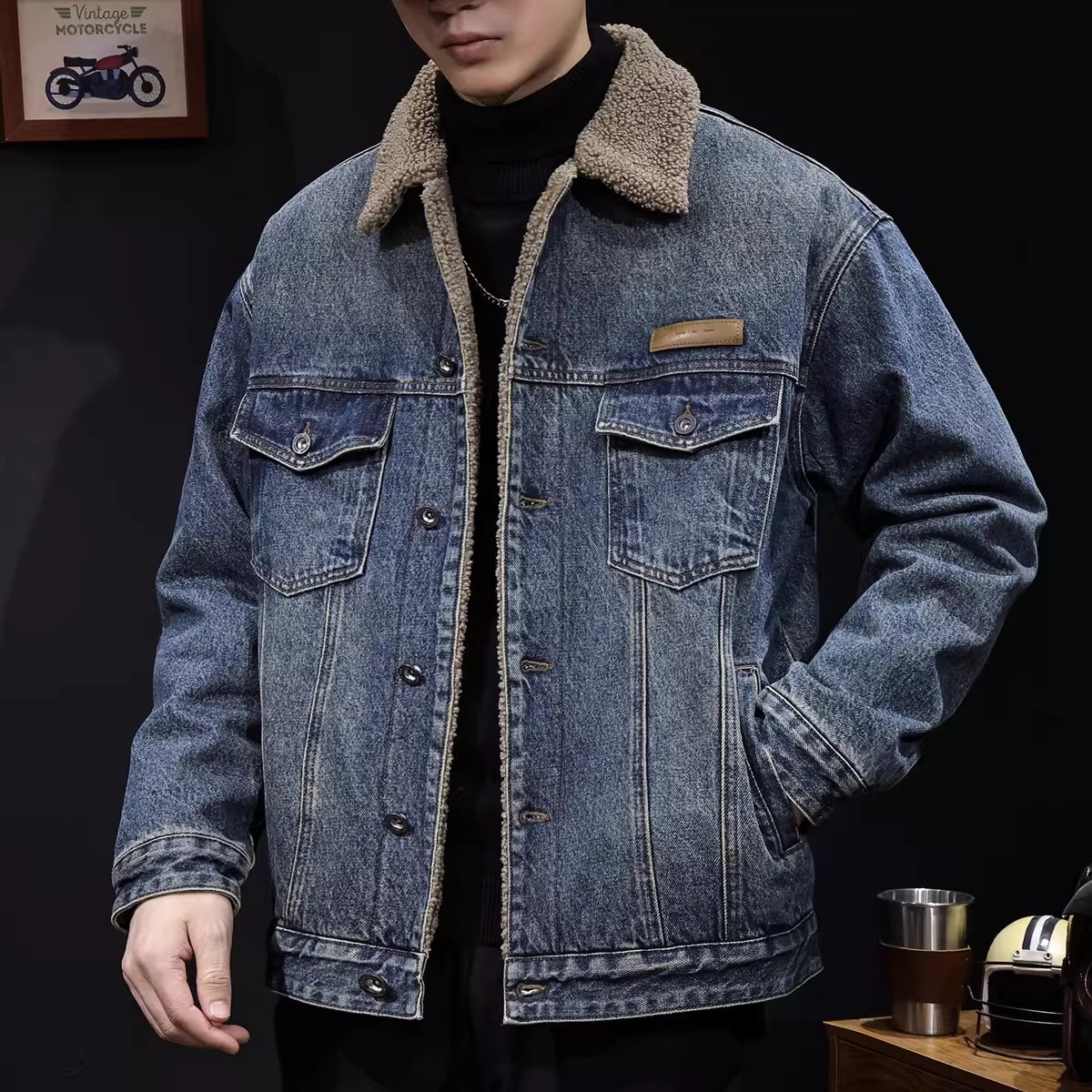 大码羊羔绒棉衣外套男秋冬新款棉服加厚保暖男士牛仔夹克春秋衣服