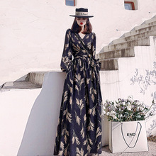 性感V领秋冬长袖御姐辣妈纯欲收腰碎花少妇战袍连衣裙约会开叉