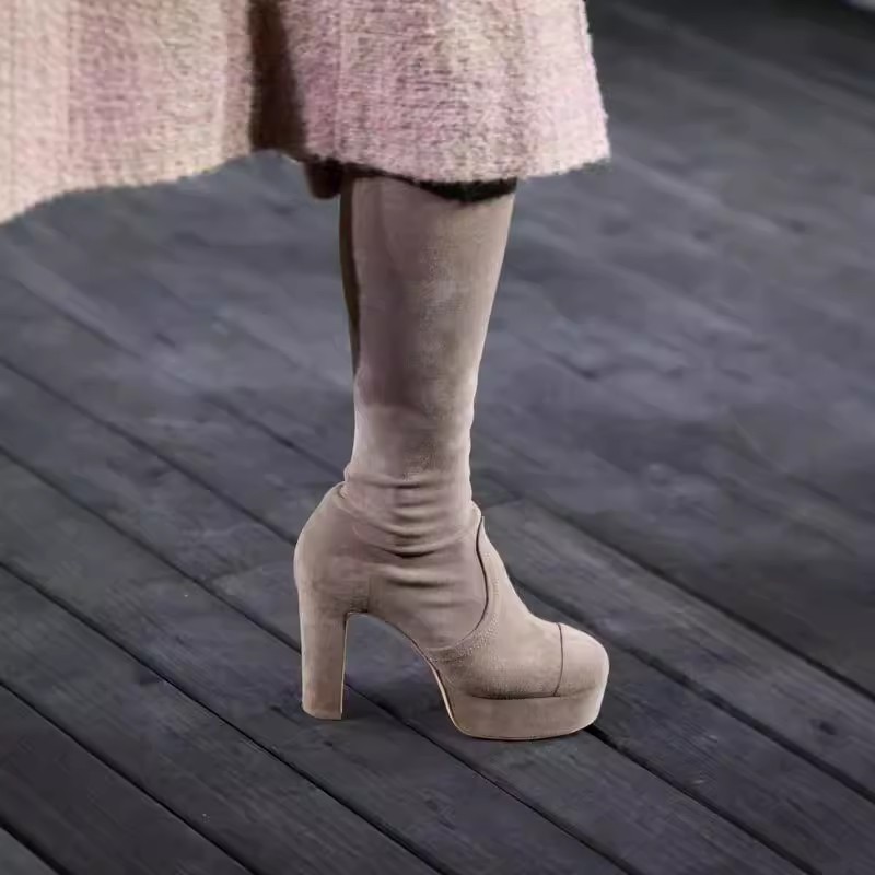 Stora högklackade vattentäta platåstövlar med elastiska klackar höst- och vinterhöga stövlar runda stövlar för kvinnor smala stövlar_voghion.com