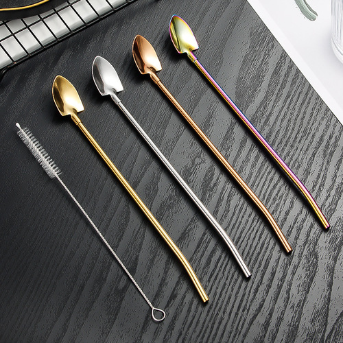 Cross-border 304 stainless steel straw spoon creative threaded watermelon spoon milk tea coffee dessert square spoon pointed spoon stirrer