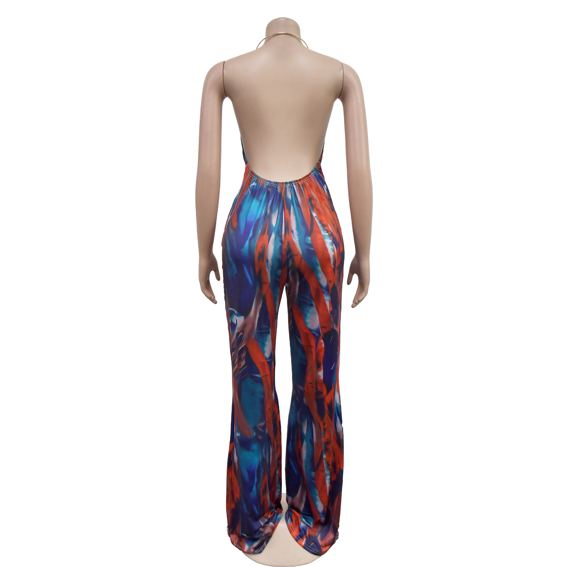 Women Wear Print Sleeveless Deep V Plunge Color Block Backless Long Conjoined Trousers