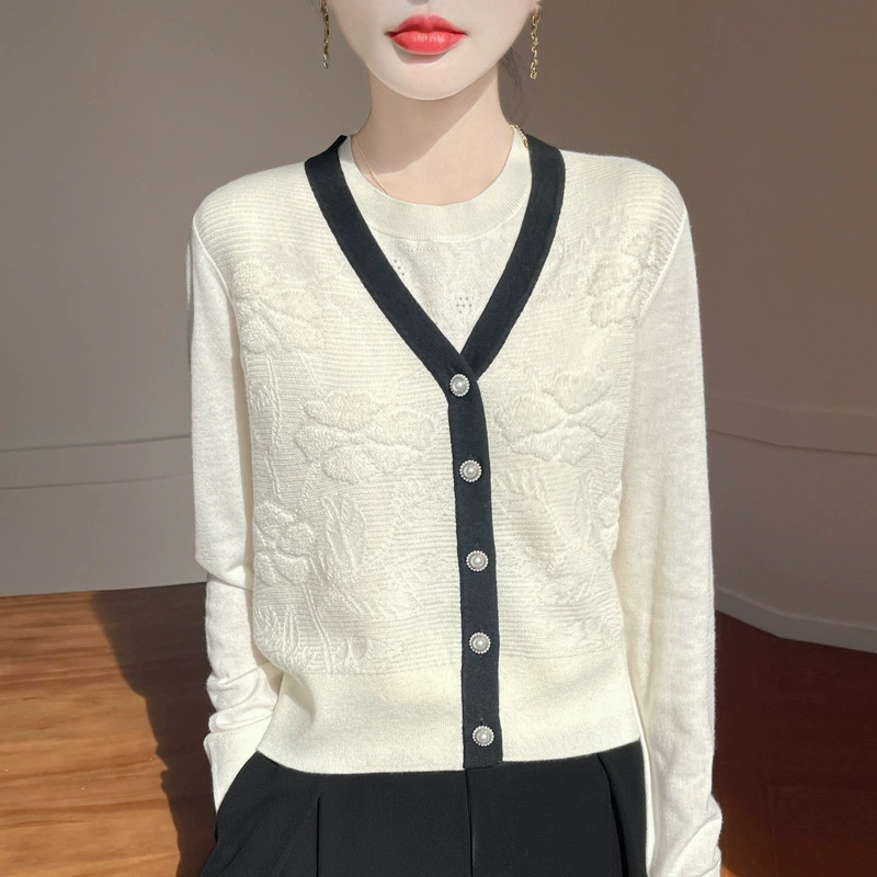 2025 весна-лето новый цвет шерстяной кардиган женский трикотаж с длинными рукавами свободный V-образный вырез топ