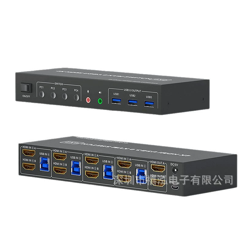 [HDMI двухэкранный KVM-переключатель 4 входа → 2 выхода, совместное управление клавиатурой/мышью, USB3.0, расширение дисплея]