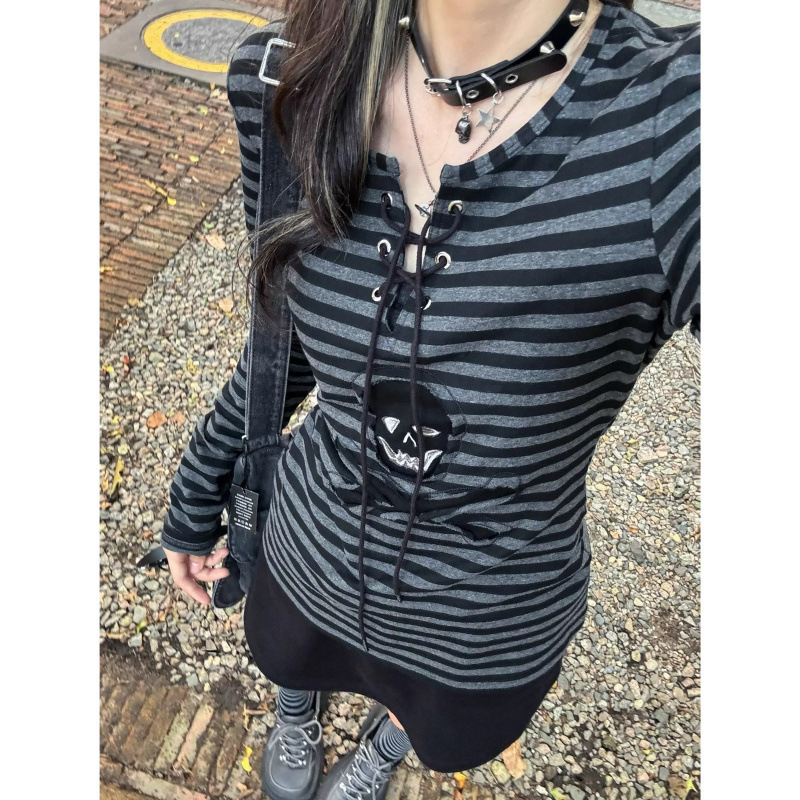 サブカルチャー y2k ストライプラウンドネック長袖 Tシャツレディース新作スリムウエストストラップボトリングシャツホットガールトップイン|undefined