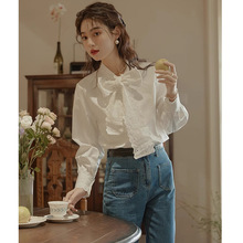 温柔风甜美花边白色衬衫女春秋季内搭法式气质长袖上衣蝴蝶结衬衣