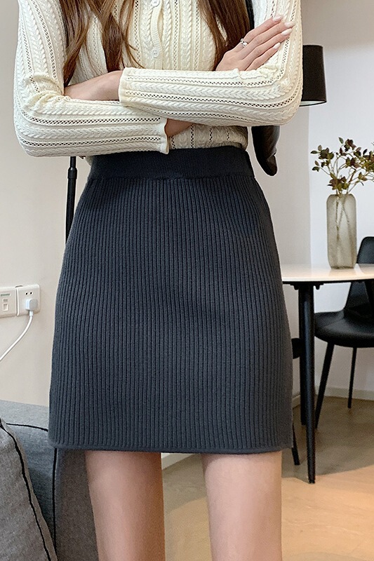 松紧腰弹力针织半身裙女2025秋冬新款高腰纯色坑条A字包臀短裙子|undefined