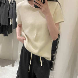 春秋圆领卷边羊毛针织短袖女半袖纯色宽松显瘦上衣打底衫百搭套头