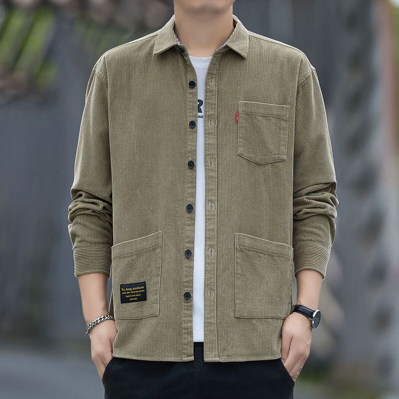 Autumn heavy cotton corduroy long-sleeved shirt men's Hong Kong style casual tooling corduroy shirt jacket loose fashion