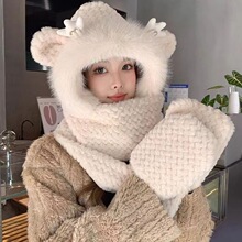 帽子女冬季围巾一体毛绒三件套户外防寒骑行加绒加厚保暖护耳帽潮