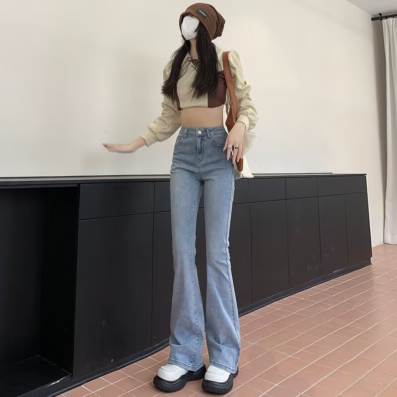 微喇叭牛仔裤女2025年春秋新款浅蓝色高腰修身显瘦小个子马蹄裤子|undefined