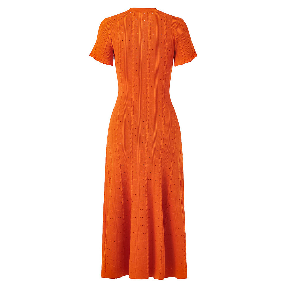 Elegant Women's Knitted Short Sleeve Dress Lace-Up Detail High Waist A-Line Dress Available in White Burgundy Black Orange_ecoleips.com
