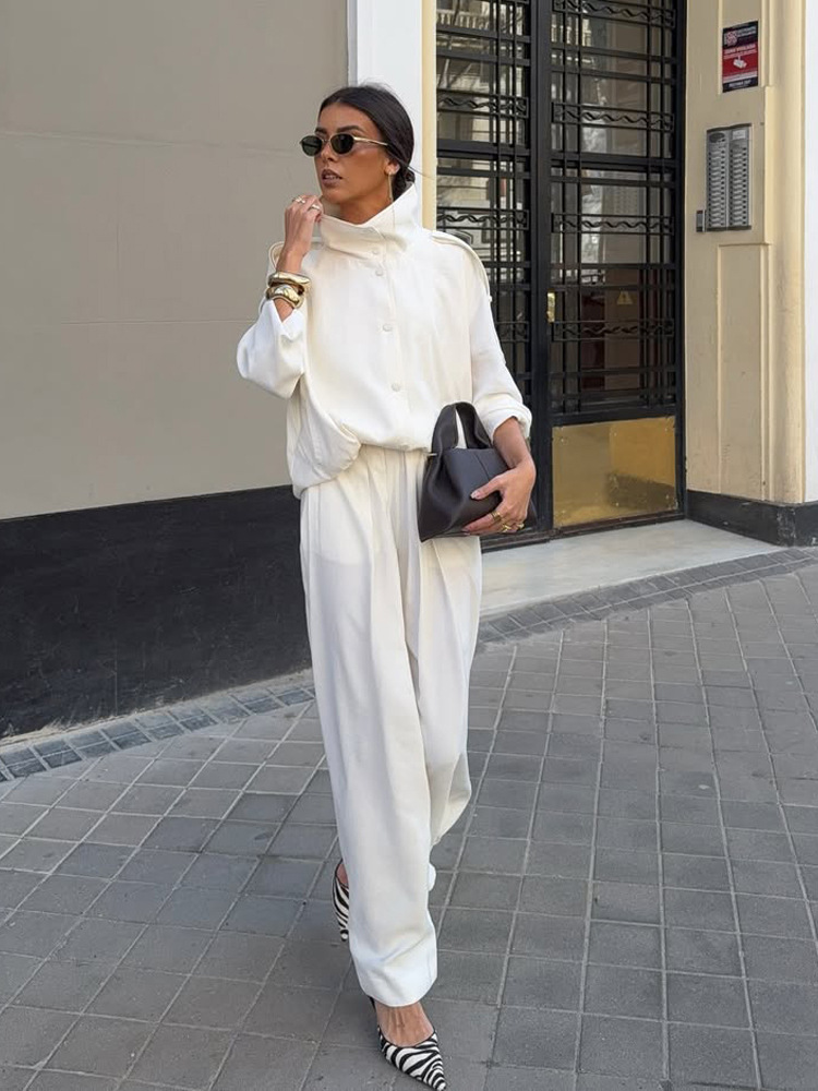 Casual and Comfortable Solid Color Stand-Collar Short Jacket and Pants Set for Women, Suitable for Commuting, 2026 Spring New Style, Cross-Border European and American Style