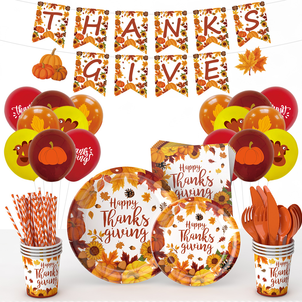 Amazon Thanksgiving party decoración tema calabaza hoja de arce papel desechable vajilla traje atmósfera diseño