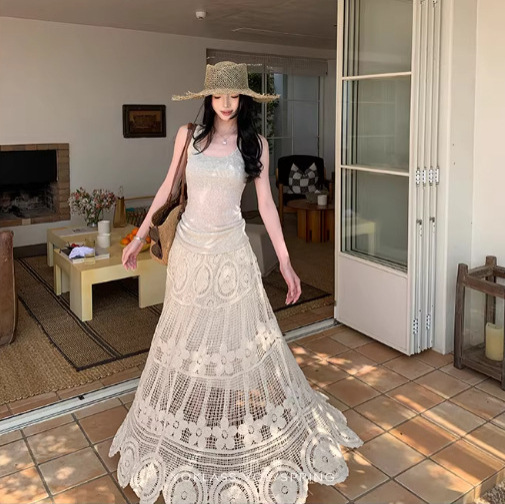 Crochet Bohemian Hollow-Out Skirt for Women, Yunnan Travel Outfit, Summer Pakistan A-Line Flared Umbrella Skirt Crochet Bohemian Hollow-Out Skirt for Women, Yunnan Travel Outfit, Summer Pakistan A-Line Flared Umbrella Skirt