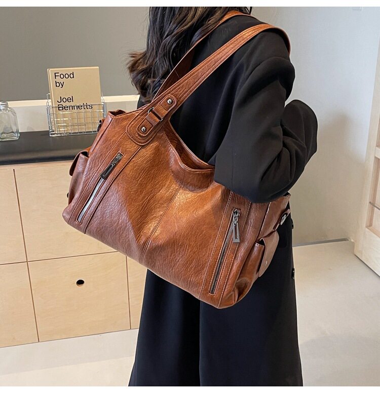 Túi tote nữ dung tích lớn đeo chéo đeo vai phong cách retro, chất liệu PU mềm — Màu cà phê, Màu nâu, Màu đen chi tiết 16