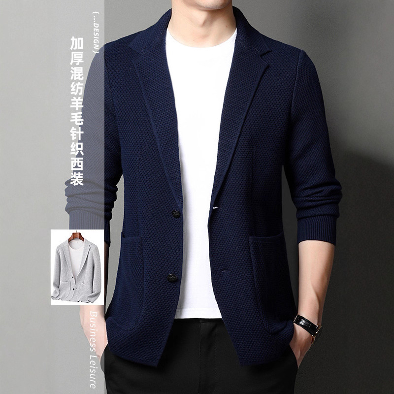 Autumn and winter men's casual suit jacket thick blended wool knitted suit jacket slim Korean men's clothing