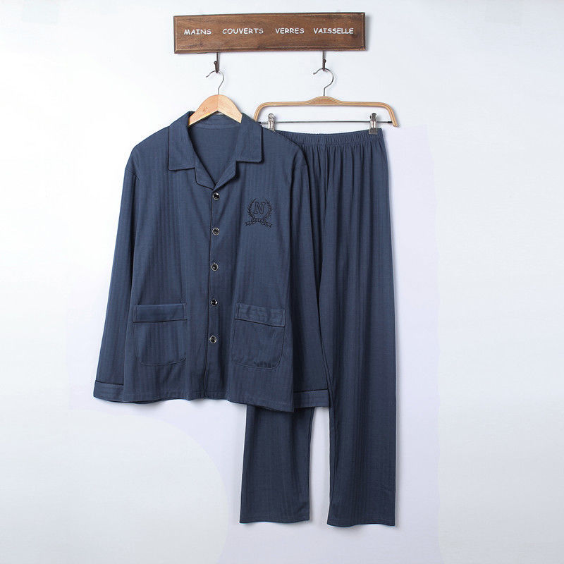 100% pijamas de algodón de primavera y otoño de los hombres de manga larga joven y de mediana edad Otoño e Invierno flojo cardigan traje de desgaste para el hogar