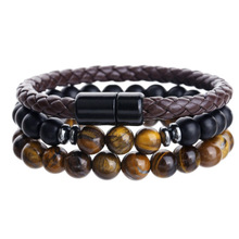 朋克串珠男士手镯套装叠戴黑玛瑙虎眼石皮革磁扣手链