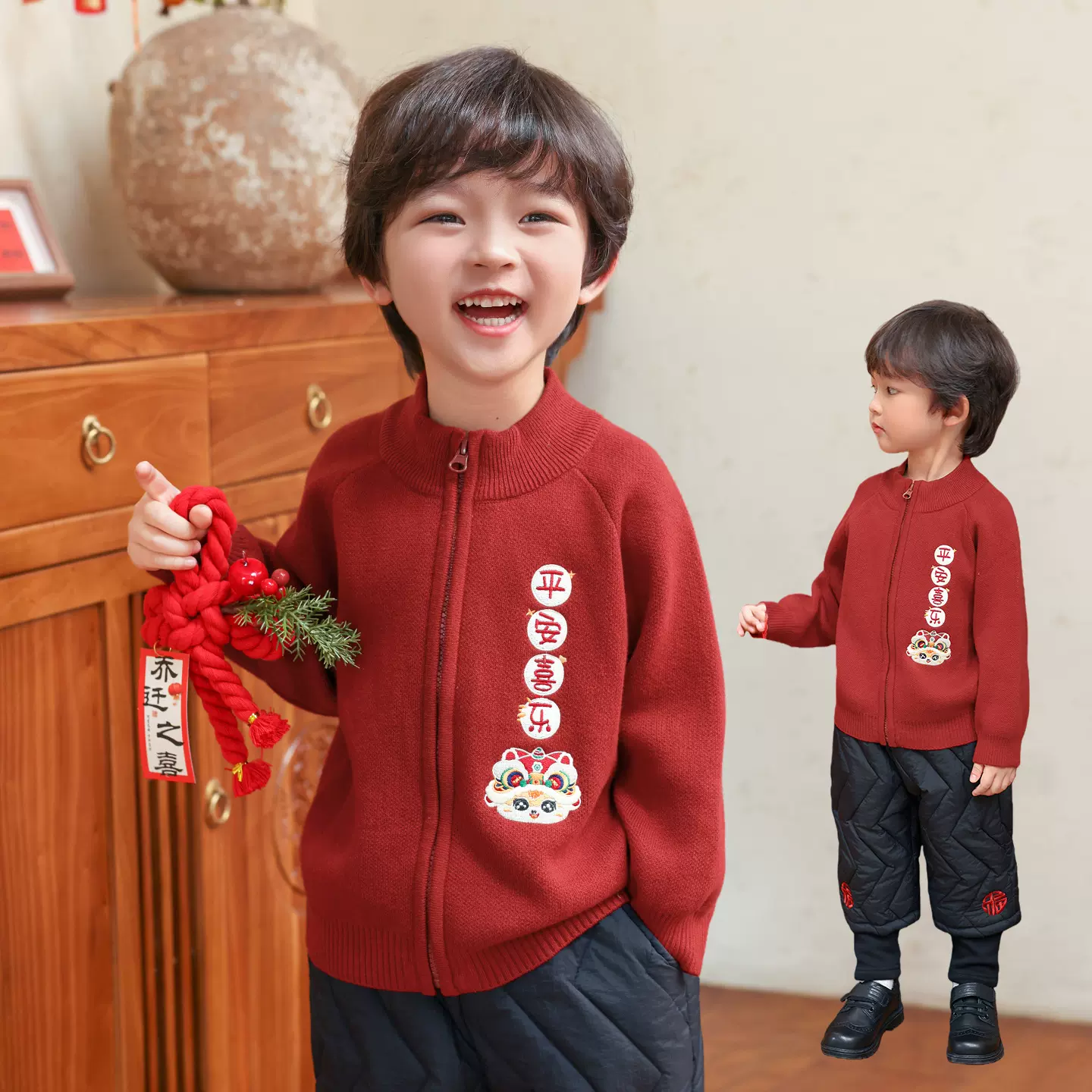 男童毛衣红色针织衫2025秋冬新款A类保暖加厚拉链衫儿童唐装过年