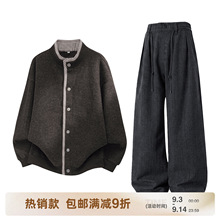 韩路|复古老钱格纹假两件毛呢卫衣外套重磅宽松休闲裤套装两件套