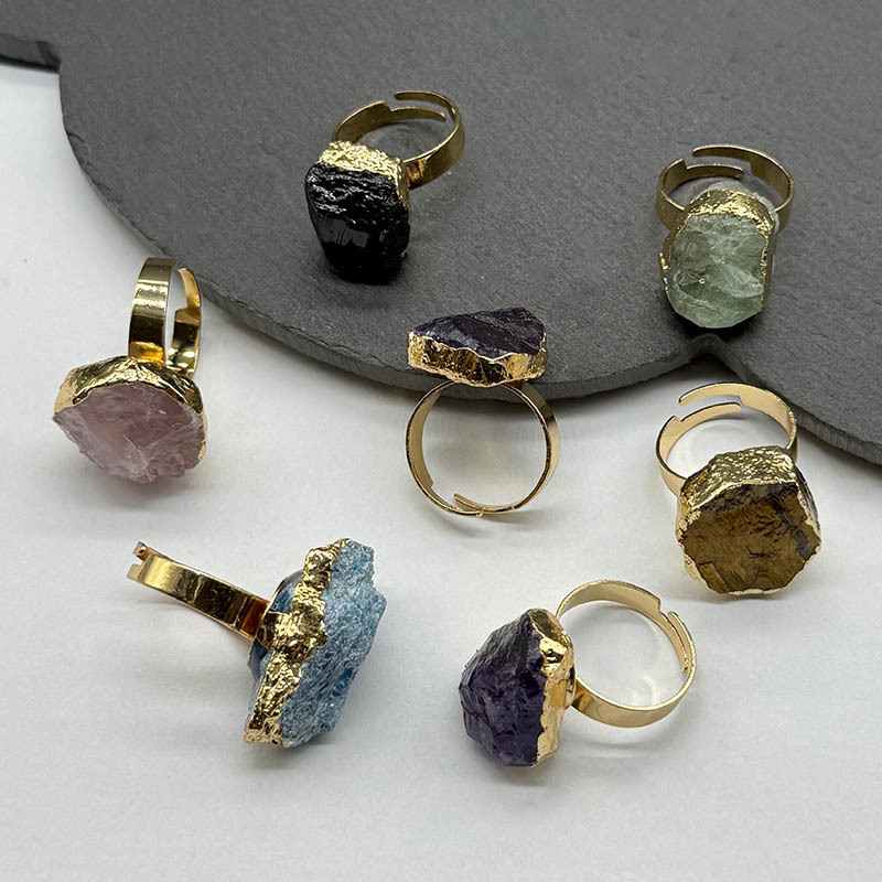 Galaxy agate ore specimen with gilded edges, irregular ore, amethyst cluster raw stone ring, crystal tooth ring, European and American style