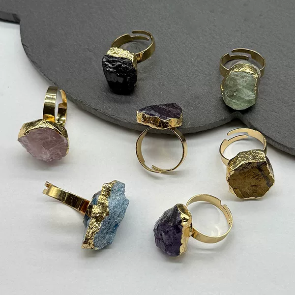 Galaxy agate ore specimen with gilded edges, irregular ore, amethyst cluster raw stone ring, crystal tooth ring, European and American style