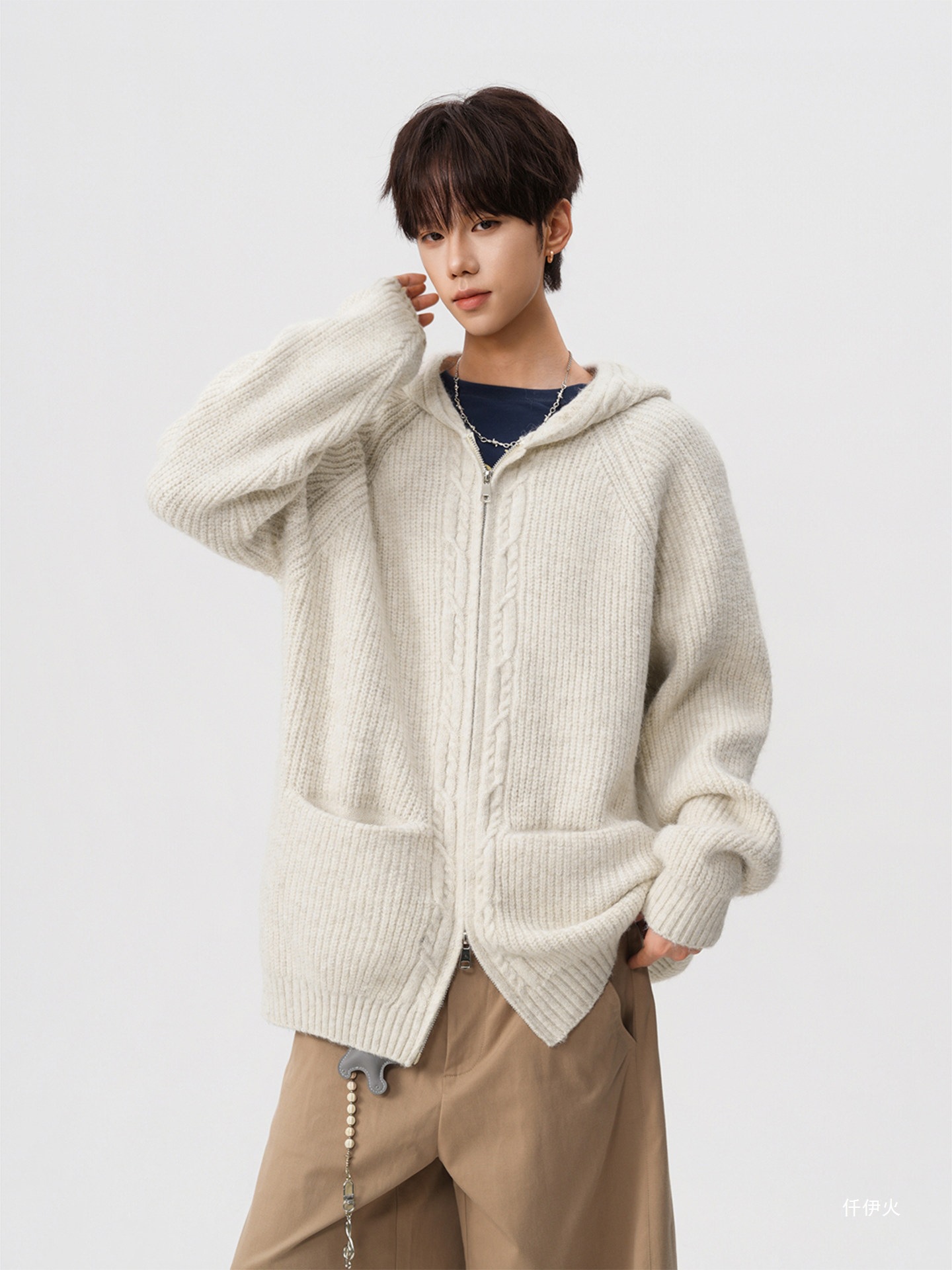 American retro casual style hooded knitted cardigan sweatshirt for men, autumn cool and stylish casual sweater jacket