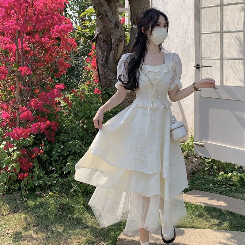 法式白色连衣裙女夏季小个子纱裙蛋糕蓬蓬公主仙女长裙裙子小白裙|undefined