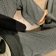 条纹裤子女春秋新款休闲高腰宽松拖地长裤遛弯裤松弛感直筒阔腿裤