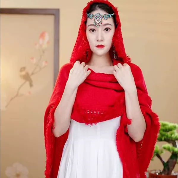 New travel hooded knitted shawl women's ethnic style shawl Yunnan Lijiang Xizang travel photography Cape Cape