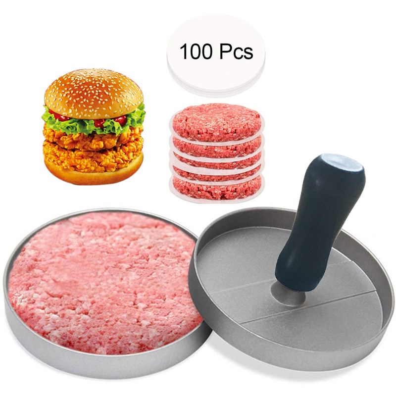 跨境供货汉堡压肉器彩盒装汉堡压制作肉饼压模具塑料柄可选配油纸