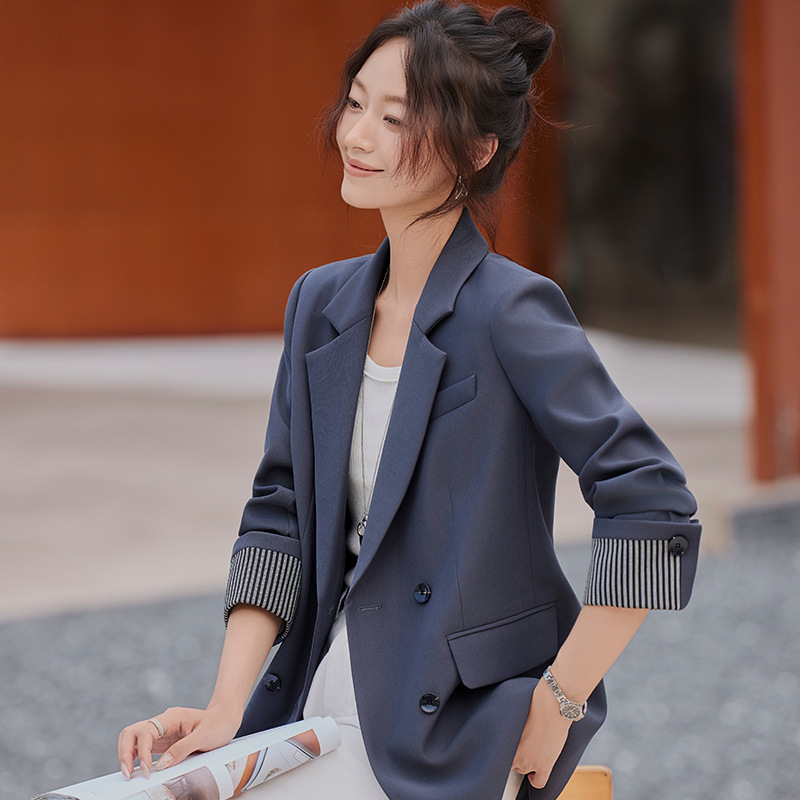 春秋新款韩版休闲西装外套女2025宽松大件气质西服上衣拼接双排扣|undefined