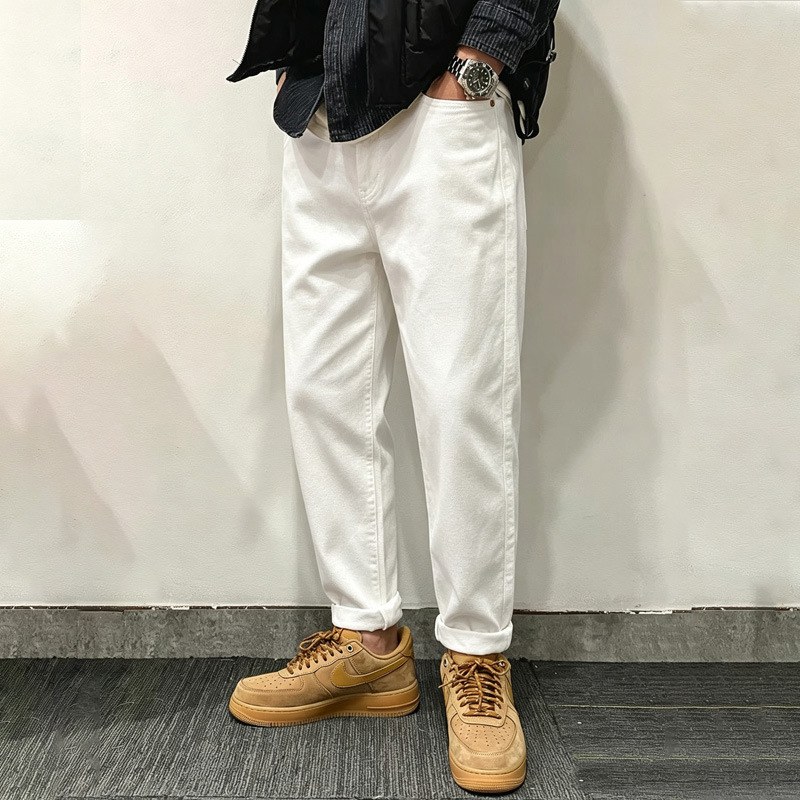 8800# plus size Men's Fall/Winter New White Dragon Three-proof Jeans Men's Loose Joker Stretch Nine-point Leg Pants