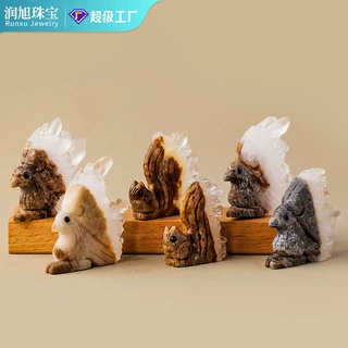 天然白水晶簇小鸟松鼠晶簇摆件水晶小动物工艺品桌面装饰摆件批发