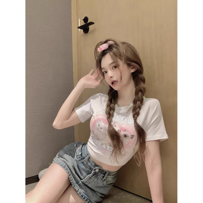 Cute Cat Printed White Short-sleeved T-shirt Women's Summer 2023 New Slim-fit Short Spice Girls All-match Top ins