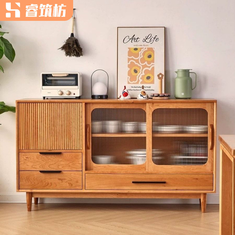 Nordic Solid Wood Japanese Sideboard Modern Simple Small Apartment Living Room Storage Sliding Door Sliding Door Storage Cabinet
