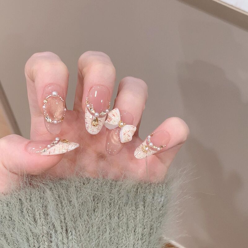 Tweed Style Bow White French Cat Eye Pure Handmade Wearable Nails Whitening High-End Manicure Patches Fake Nails