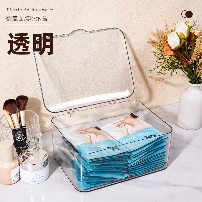 Acrylic Face Mask Storage Box, Transparent/Gray, Small & Large — Foldable Lid, Compact Organizer