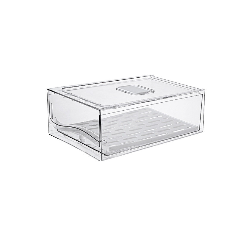 Caja de alimentos del refrigerador tipo cajón, caja de almacenamiento de drenaje superpuesta transparente de plástico, caja de acabado de frutas y verduras de grado alimenticio