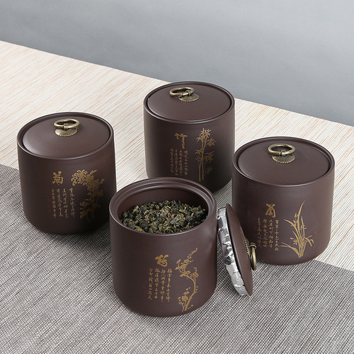 Large purple clay tea jar gilt Pu'er loose tea sealed jar Yixing purple clay tea set boutique tea jar wholesale logo