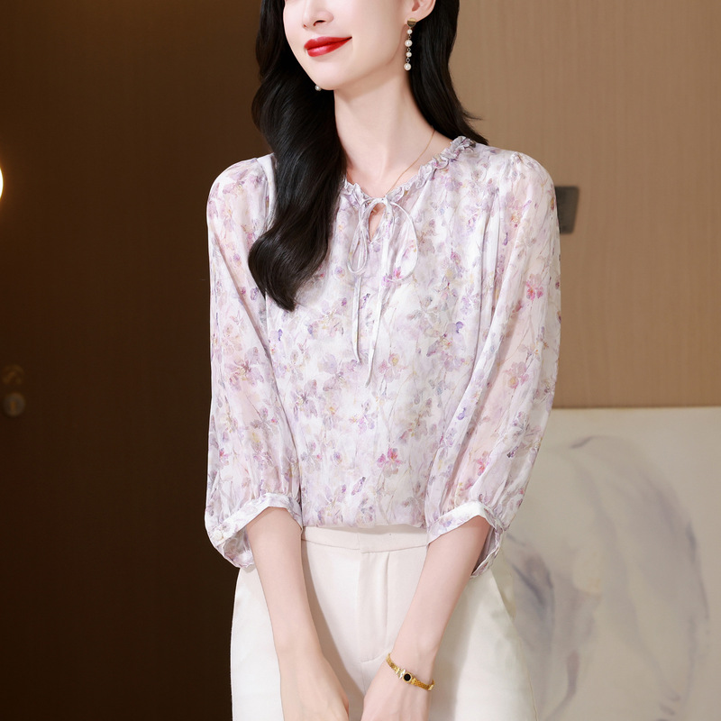 High-End Fashion Lace Collar Three-Quarter Sleeve Silk Shirt for Women 2026 New Summer Printed Mulberry Silk Blouse Top