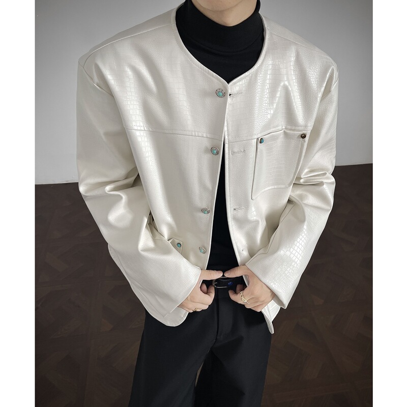 2026 Spring New Men's Green Stone Button Large Size Crocodile Pattern Surface 100% Pu Jacket Men's Chanel-Style Coat
