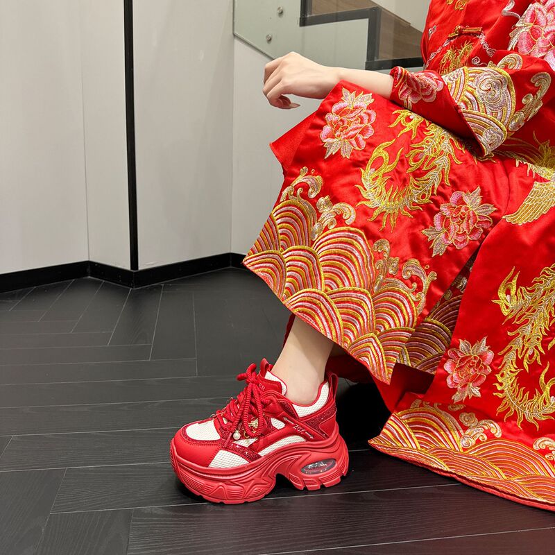 Xiuhe Wedding Shoes for Women 2026 New Model Red High-Heeled Dad Shoes for Women, Height-Increasing Thick-Soled Sports Shoes for Bridesmaids and Brides