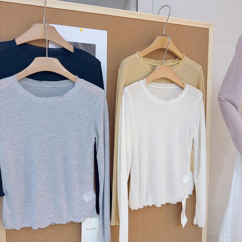 Korean Style Sweet All-match Long-sleeved Curl T-shirt Women's Spring and Summer Thin Slim Sunscreen Base Shirt Top