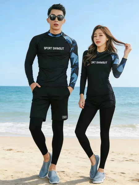 Couple's Diving Suit for Men and Women, Two-Piece Long-Sleeve and Long-Pants Rash Guard, Snorkeling and Surfing Swimwear Set, Quick-Dry, Sun-Protective, Korean Style
