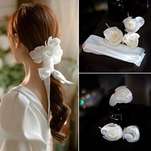韩式浪漫白色手工立体花朵新娘结婚头饰丝带绑发束发婚纱造型饰品